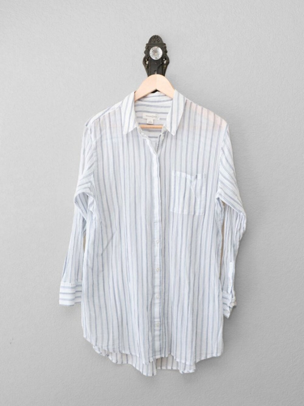 Treasure & Bond Shirt Womens L Blue White Stripe Cotton Tunic Button Up Coastal